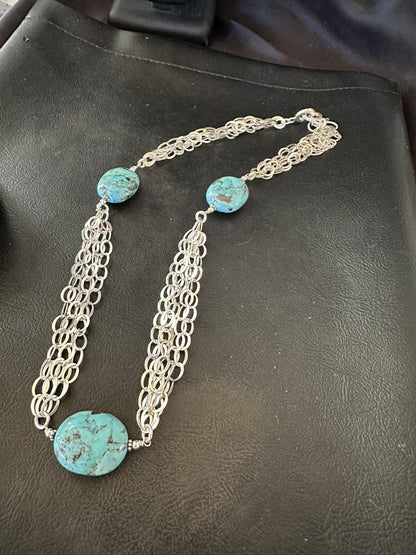 Sterling Silver Beads 5 Strand Chain Blue Nugget Turquoise Necklace 21" 18911