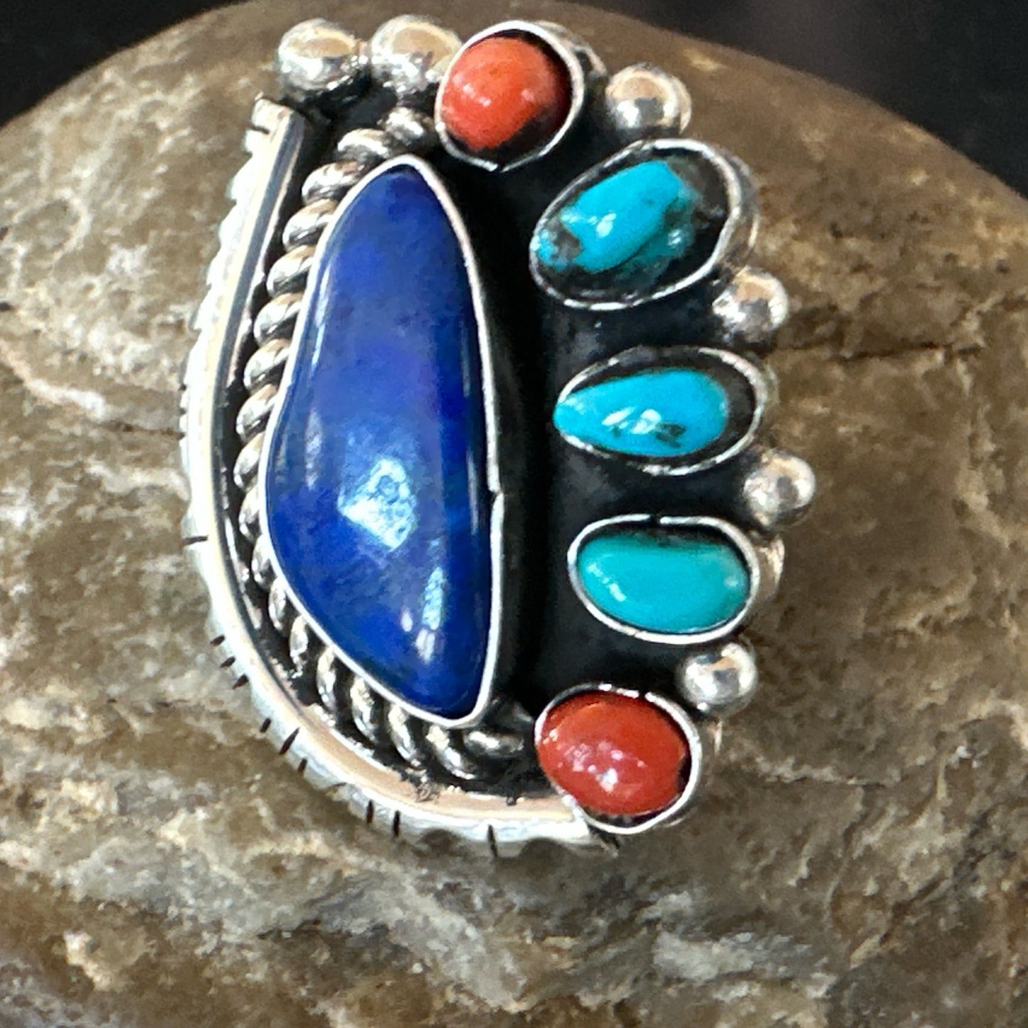 Navajo Cluster Lapis Kingman Turquoise Coral Sterling Silver Ring Sz 8 18882