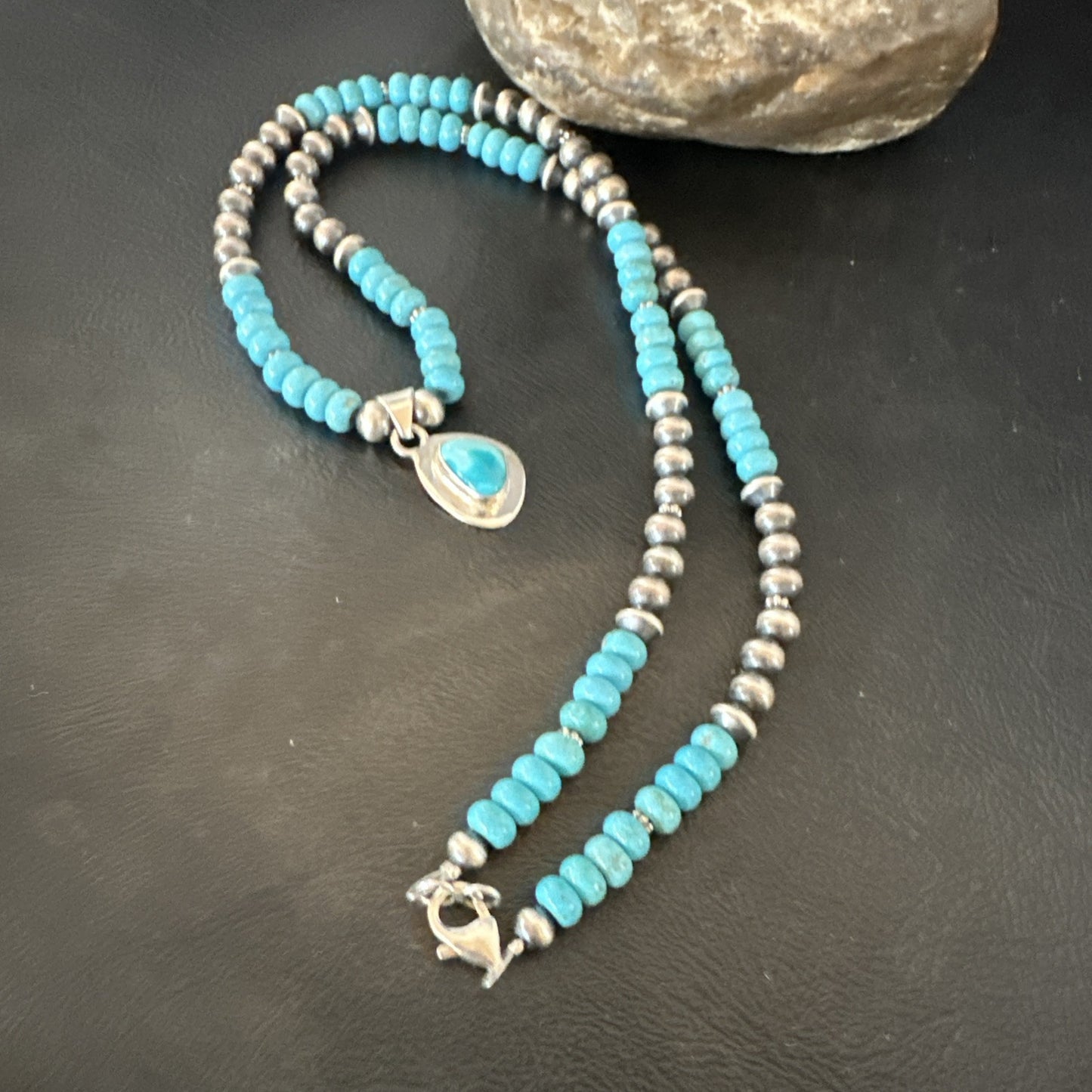 WoMens Blue Kingman Turquoise Pendant Navajo Sterling Silver Necklace 21" 18936
