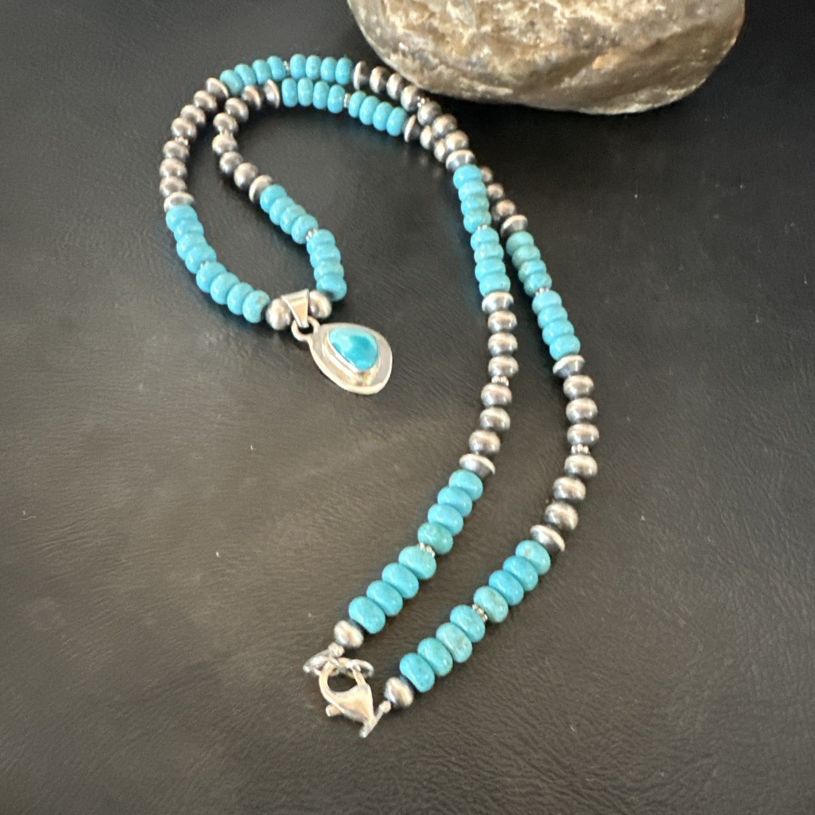 WoMens Blue Kingman Turquoise Pendant Navajo Sterling Silver Necklace 21" 18936