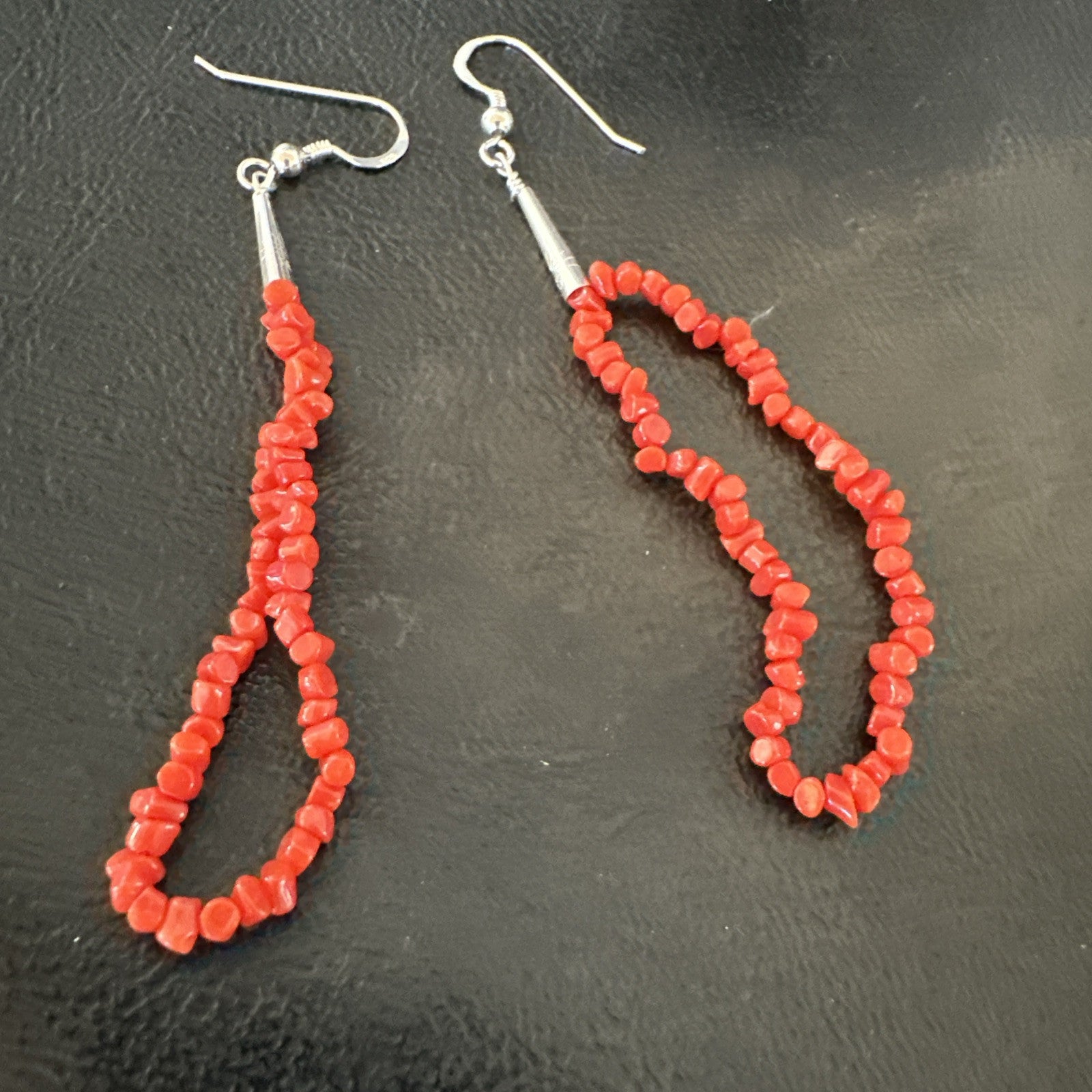 Real Red Orange Coral Nuggets Southwestern Sterling Silver Earrings 2.5” 18956