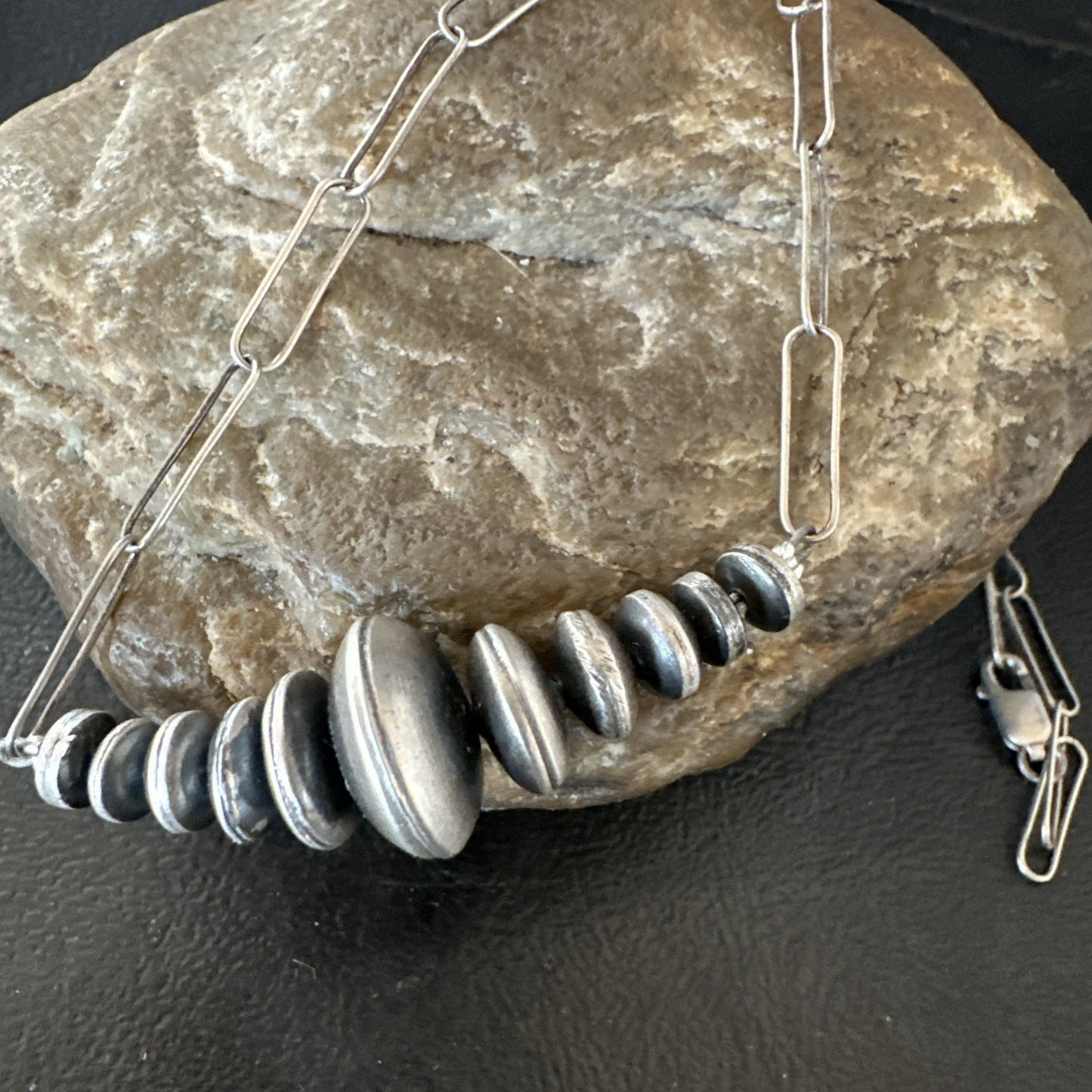 Navajo Rondelle Flat Saucer Beads Sterling Silver Chain Necklace Pendant 18924