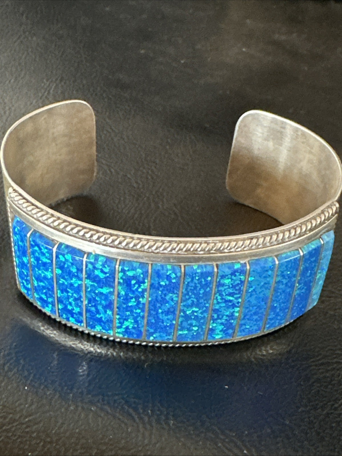 Blue Faux Gilson Fire Opal Navajo Sterling Silver Inlay Bracelet 7.5" 18991