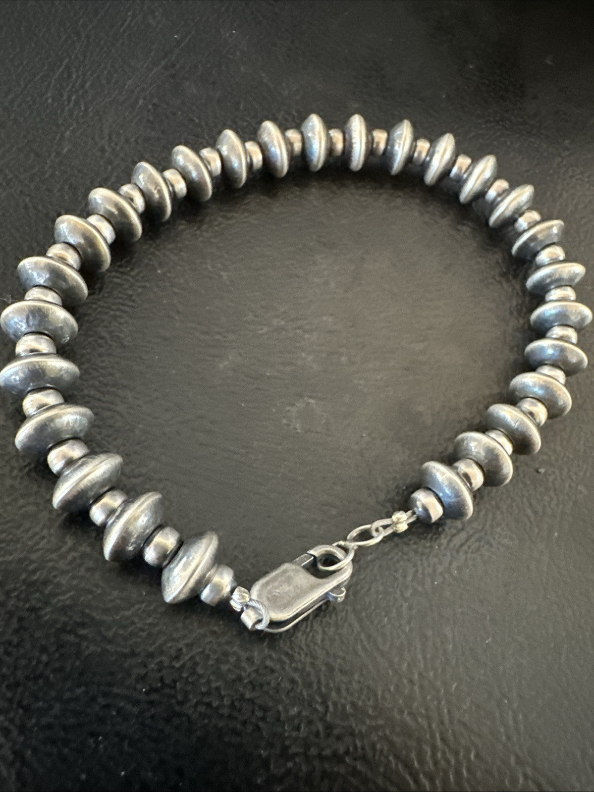 Navajo 7mm Flat 4mm Round Beads 6.5” Sterling Silver Bracelet B2