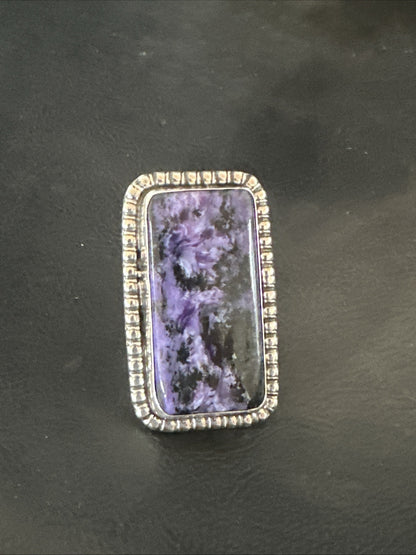 H Joe Purple Charoite Navajo Sterling Silver Rectangle Ring Size 7.5 18964