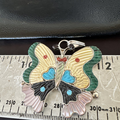 Zuni Turquoise Spiny MOP Onyx Butterfly Sterling Silver Beads Pendant 18903