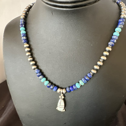 WoMens Opal Inlay Pendant Navajo Sterling Silver Blue Lapis Bead Necklace 18912
