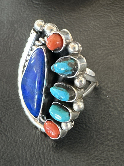 Navajo Cluster Lapis Kingman Turquoise Coral Sterling Silver Ring Sz 8 18882