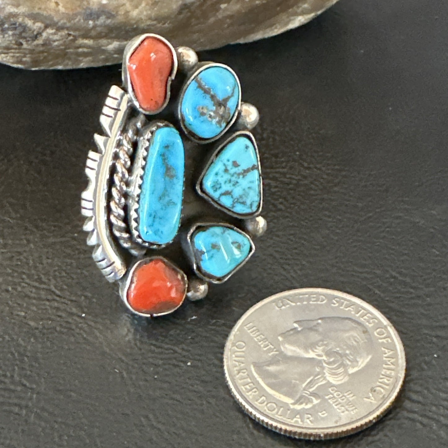 Navajo Cluster Blue Kingman Turquoise Coral Sterling Silver Ring Sz 7 18881