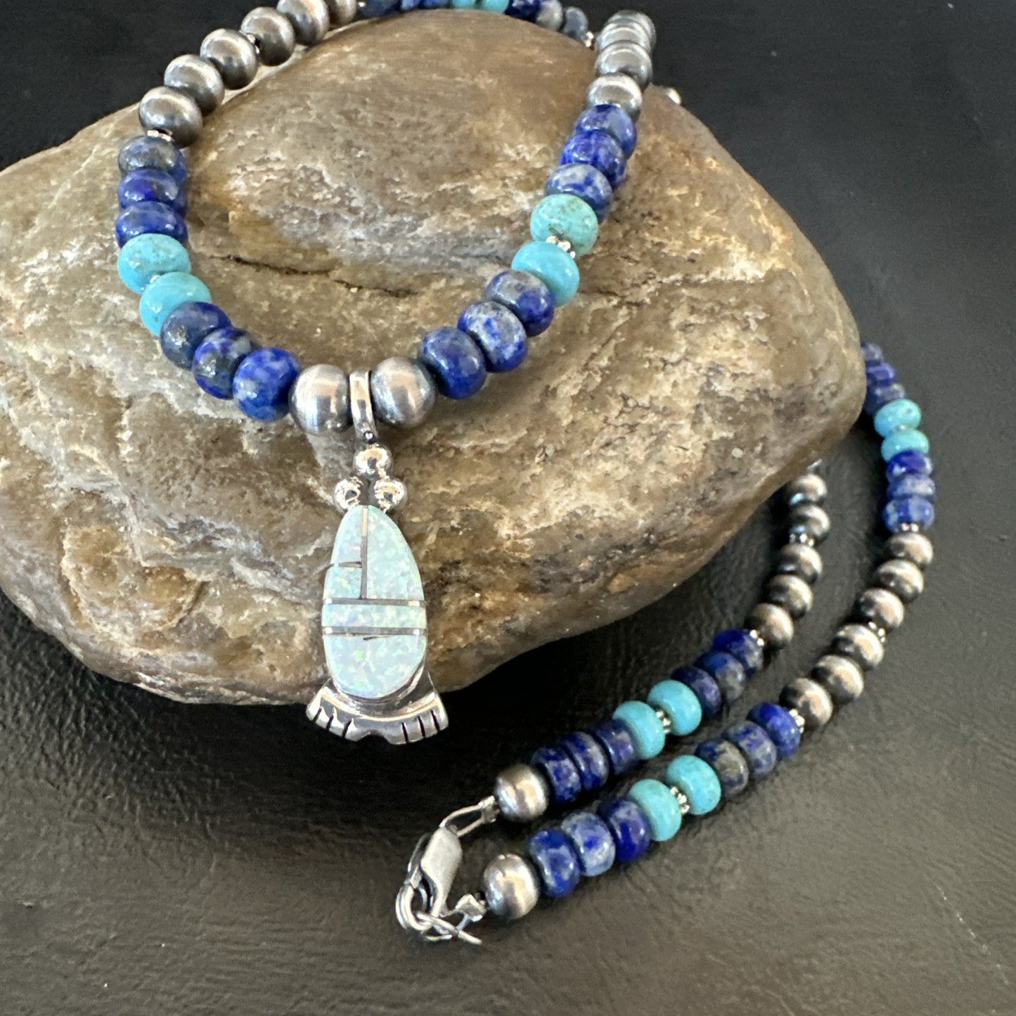 WoMens Opal Inlay Pendant Navajo Sterling Silver Blue Lapis Bead Necklace 18912