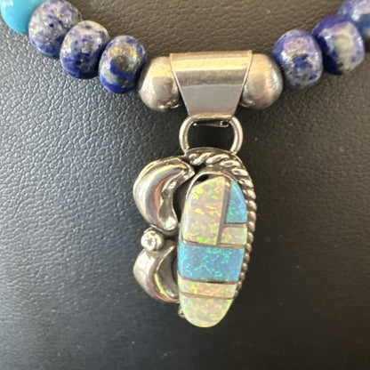 WoMens Opal Inlay Pendant Navajo Sterling Silver Blue Lapis Bead Necklace 18916