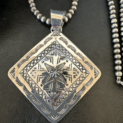 H Joe Handmade Stamped Pendant Navajo Sterling Silver Necklace 3.5" 18981