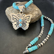 Butterfly Blue Turquoise Pendant Navajo Necklace 24" | Sterling Silver | Authentic Native American Handmade | 18904