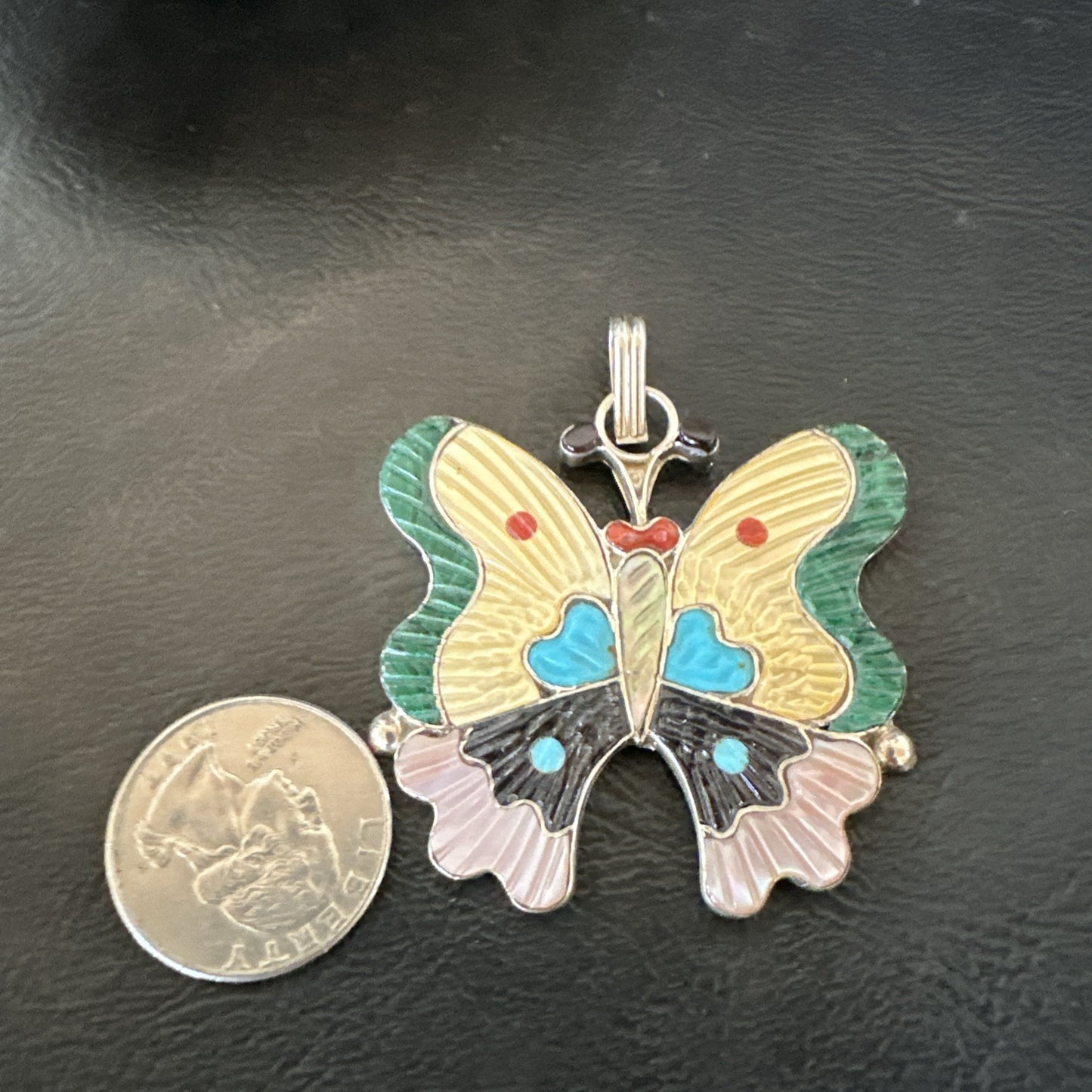 Zuni Turquoise Spiny MOP Onyx Butterfly Sterling Silver Beads Pendant 18903