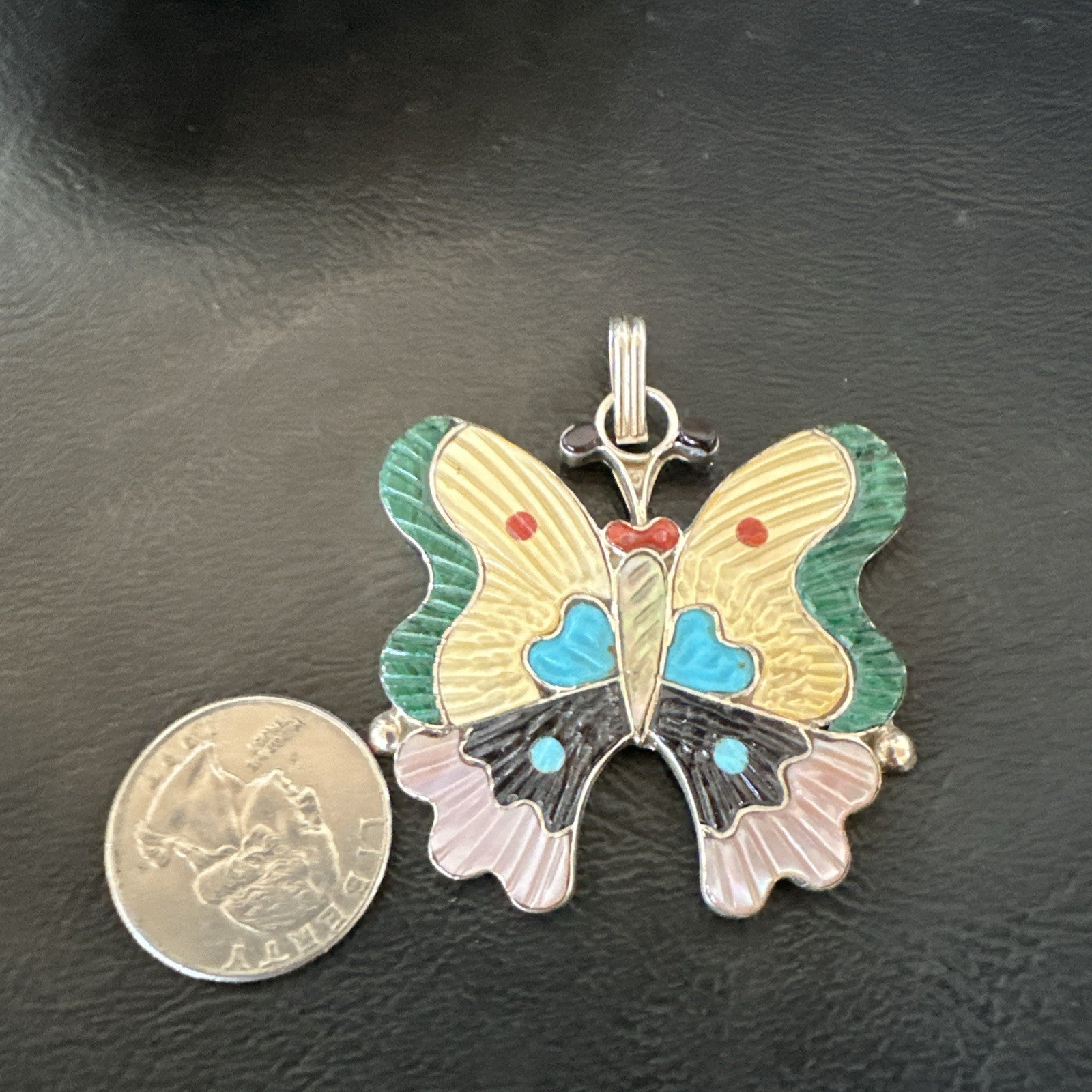 Zuni Turquoise Spiny MOP Onyx Butterfly Sterling Silver Beads Pendant 18903