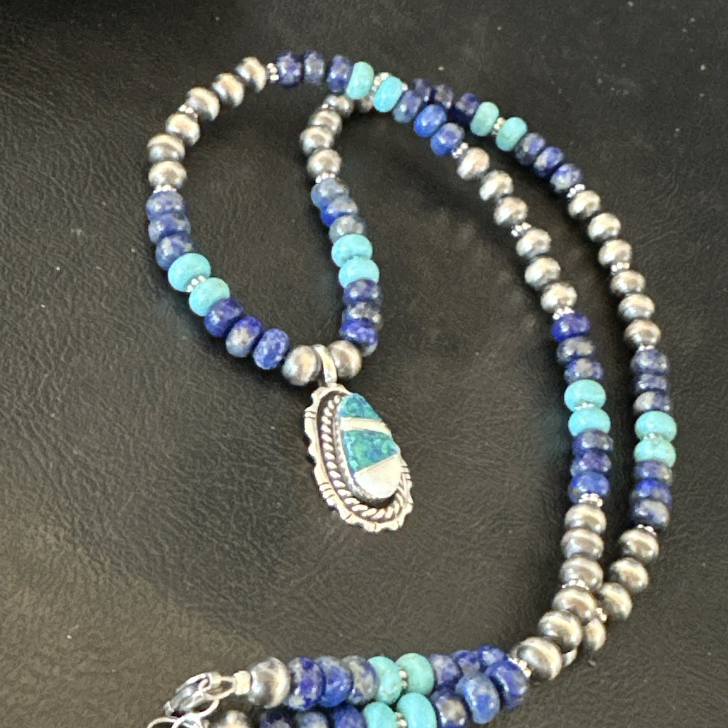 WoMens Opal Inlay Pendant Navajo Sterling Silver Blue Lapis Bead Necklace 18915
