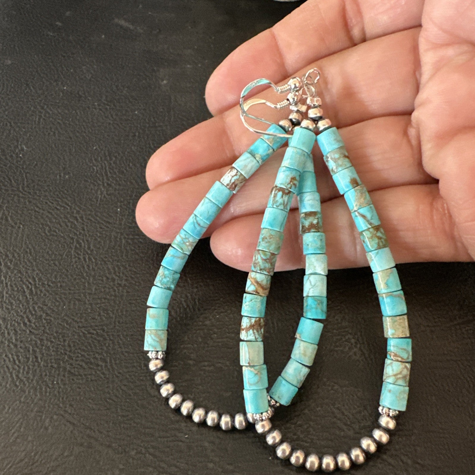 Blue Turquoise Heishi Navajo Sterling Silver Beads Earrings 2.5” 18953