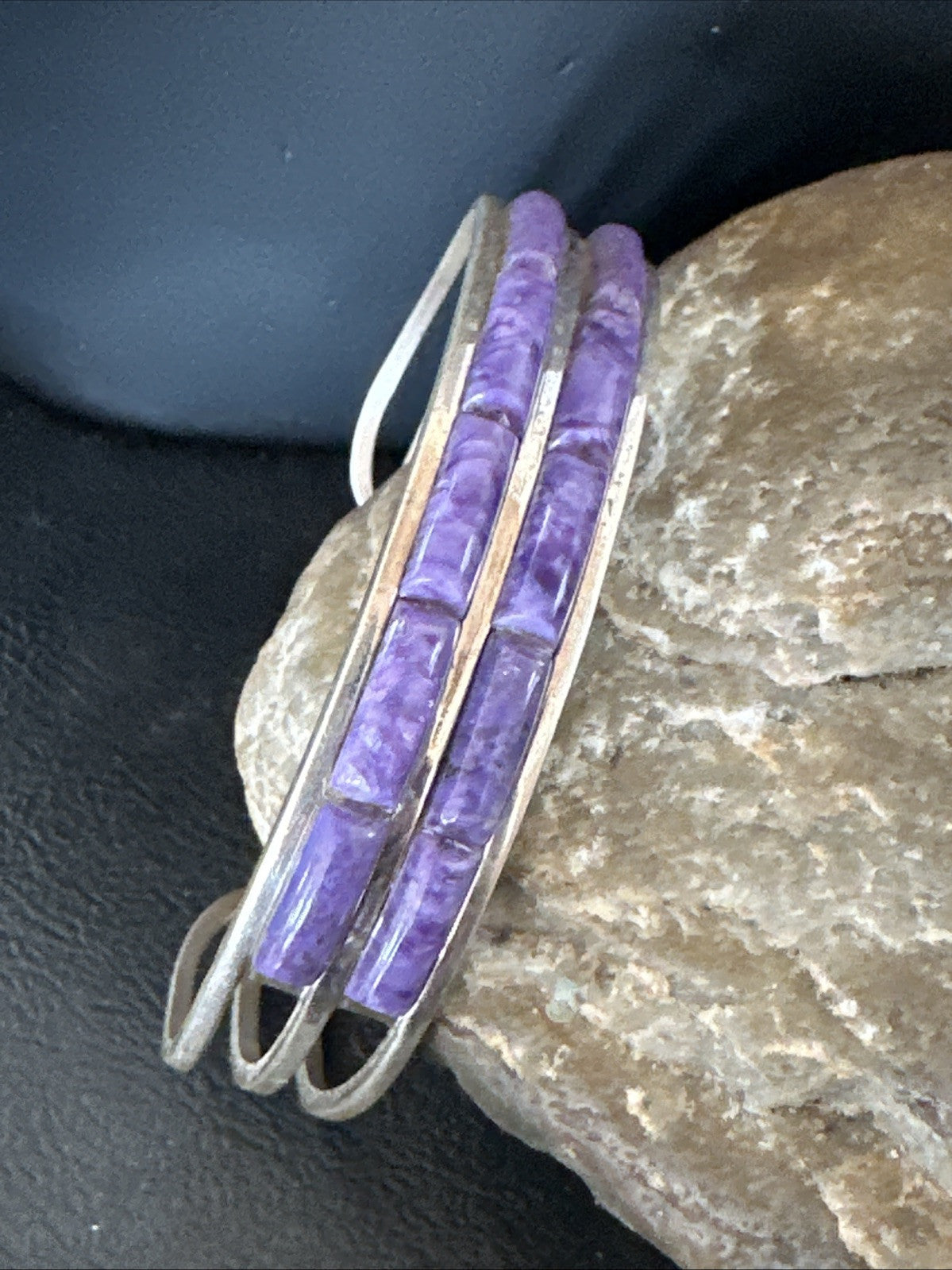 Purple Charoite Navajo Sterling Silver Inlay Cuff Bracelet 7.5" 18889