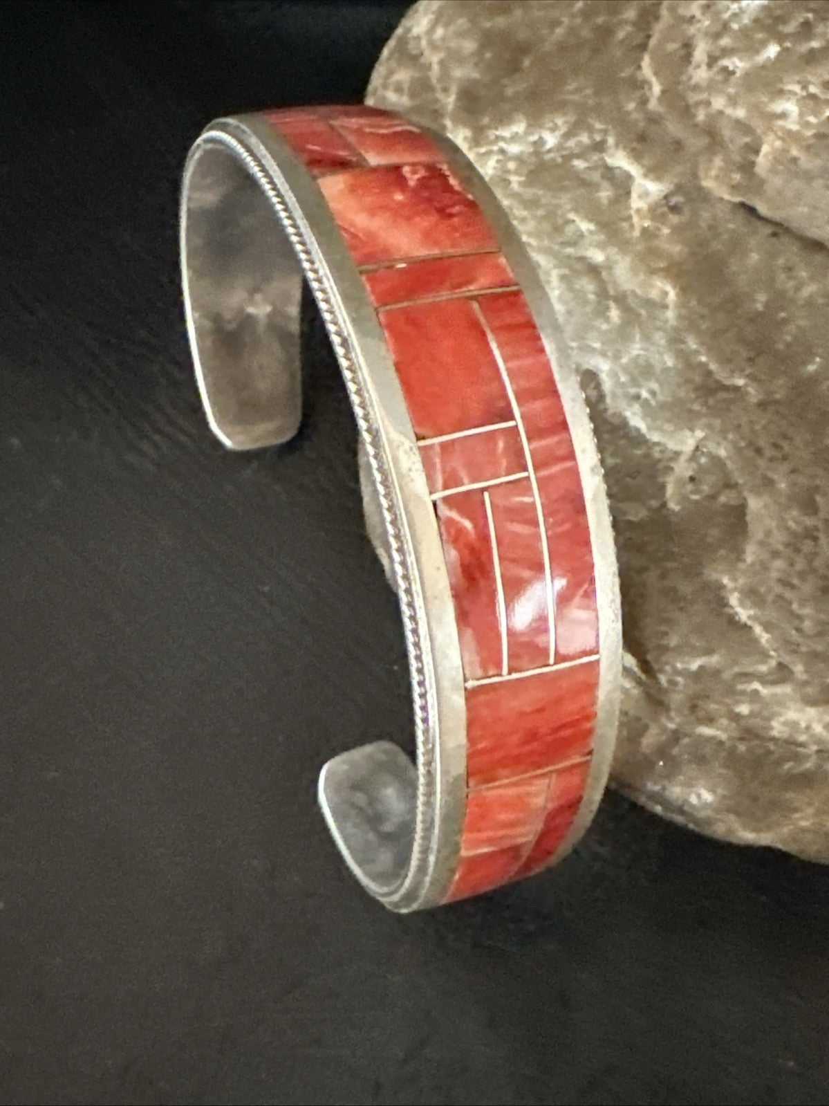 Orange Spiny Oyster Zuni Sterling Silver Cuff Inlay Bracelet 18993