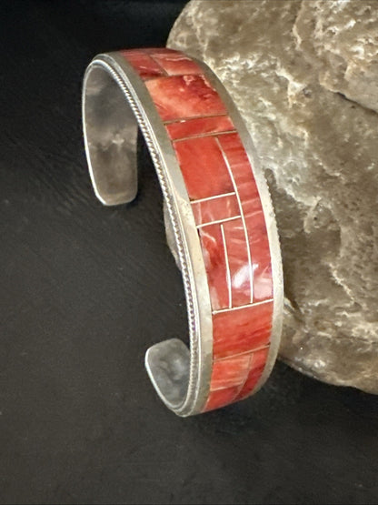 Orange Spiny Oyster Zuni Sterling Silver Cuff Inlay Bracelet 18993