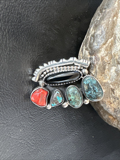 Navajo Cluster Onyx Blue Turquoise Coral Sterling Silver Ring Sz 7.5 18886