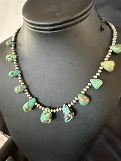 Green Turquoise Teardrop Sterling Silver Beads Necklace 20" 18985