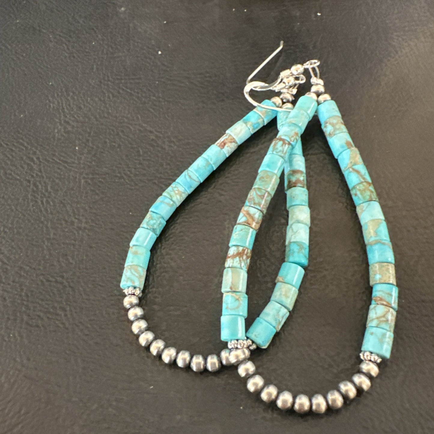 Blue Turquoise Heishi Navajo Sterling Silver Beads Earrings 2.5” 18953