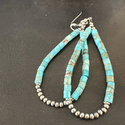 Blue Turquoise Heishi Navajo Sterling Silver Beads Earrings 2.5” 18953