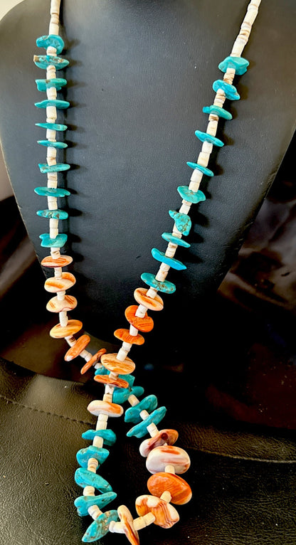 Santo Domingo Blue Turquoise Orange Spiny Bead Necklace 32" 18910