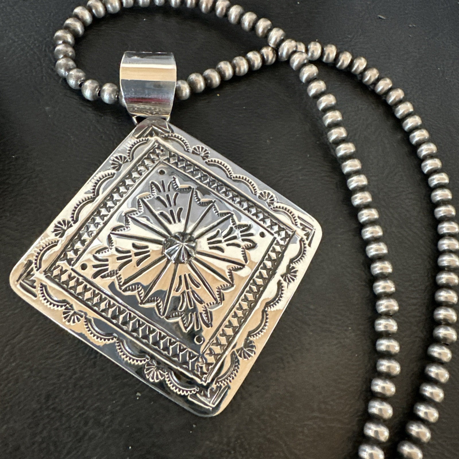 H Joe Handmade Stamped Pendant Navajo Sterling Silver Necklace 3.5" 18980
