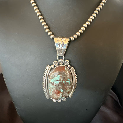 Yazzie Navajo Sterling Silver Blue Rustic Turquoise Necklace Pendant 3" 18997