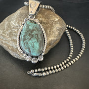 Navajo Green Rustic Turquoise Necklace Pendant 2.75" | Sterling Silver | Authentic Native American Handmade | 19010