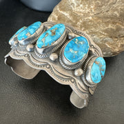 Men's Blue Kingman Turquoise Cluster Cuff Bracelet 8.2" | Sterling Silver | Authentic Native American Handmade | 18875