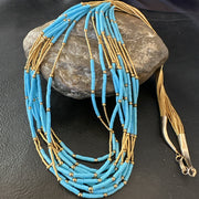 Gold Filled Blue Turquoise Heishi 10S Liquid Necklace 24" | Sterling Silver | Authentic Native American Handmade | 18909