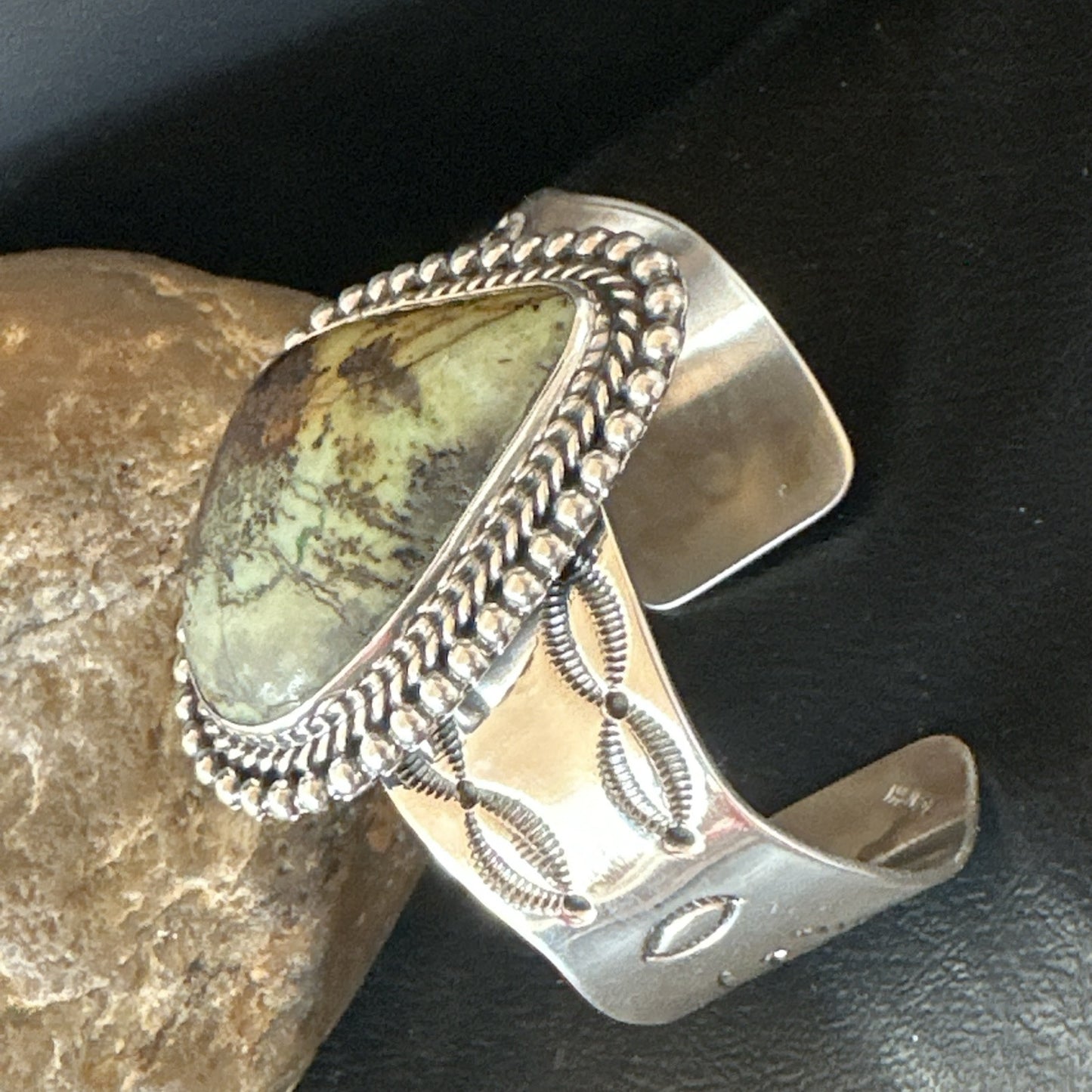 Navajo Green TURQUOISE Stamped Sterling Silver Cuff Bracelet 18876