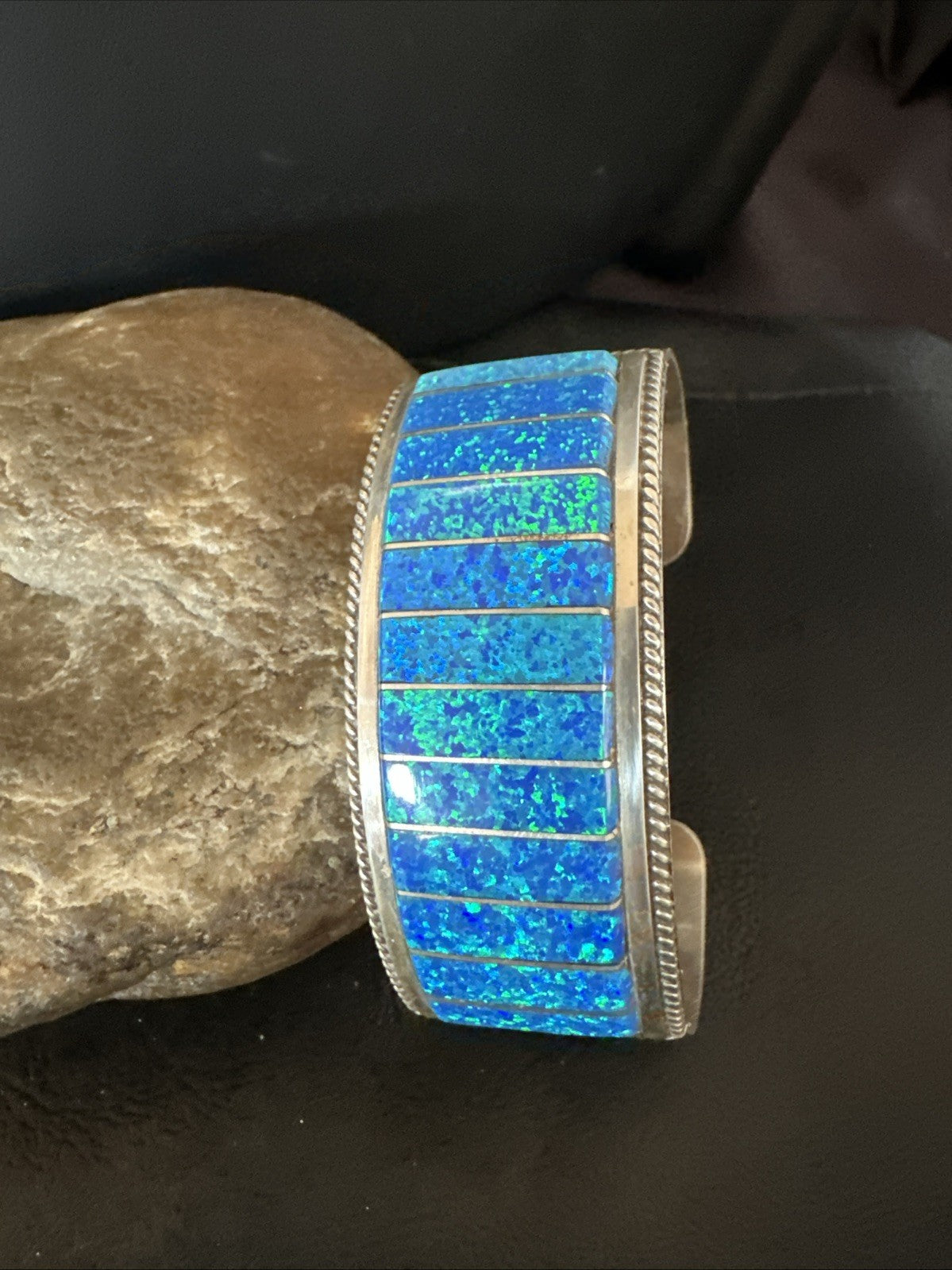 Blue Faux Gilson Fire Opal Navajo Sterling Silver Inlay Bracelet 7.5" 18991