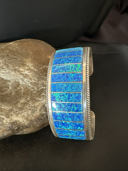 Blue Faux Gilson Fire Opal Navajo Sterling Silver Inlay Bracelet 7.5" 18991