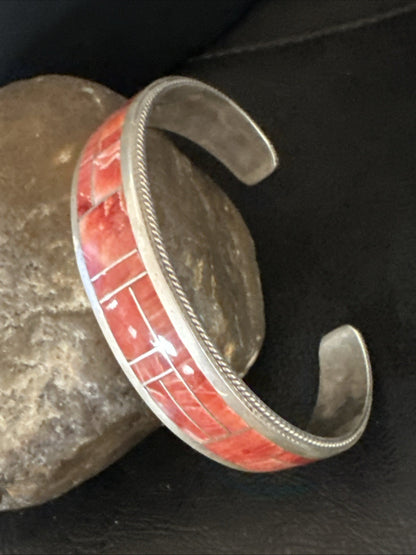 Orange Spiny Oyster Zuni Sterling Silver Cuff Inlay Bracelet 18993
