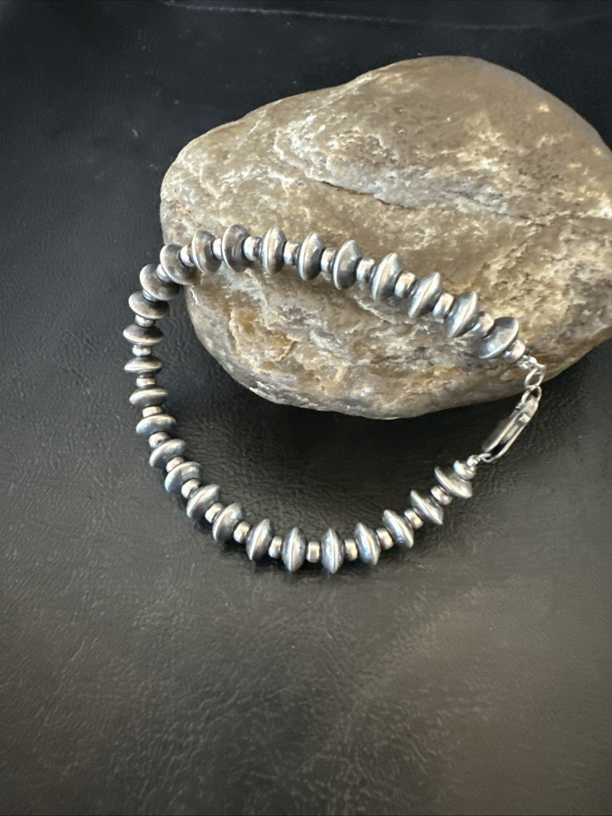 Navajo 8mm Flat 4mm Round Beads 6”Sterling Silver Bracelet B2