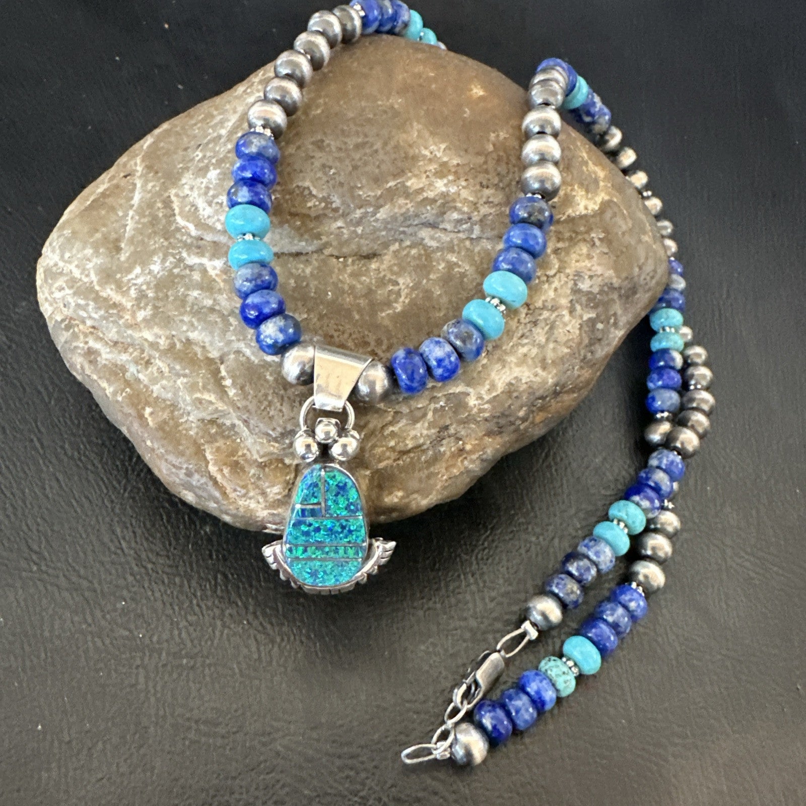 WoMens Opal Inlay Pendant Navajo Sterling Silver Blue Lapis Bead Necklace 18918