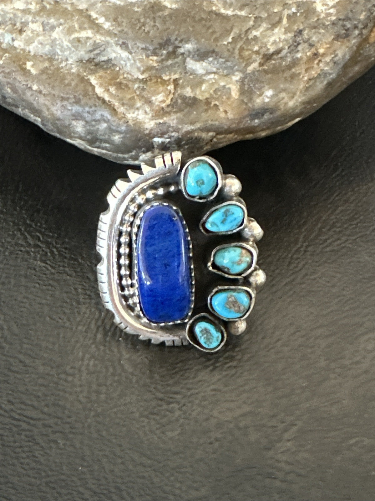 Navajo Cluster Lapis Kingman Turquoise Sterling Silver Ring Sz 9 18885