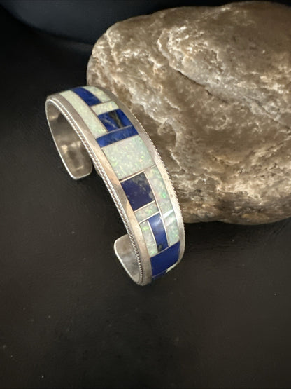 White Gilson Fire Opal Lapis Zuni Sterling Silver Inlay Bracelet 7.5" 18992
