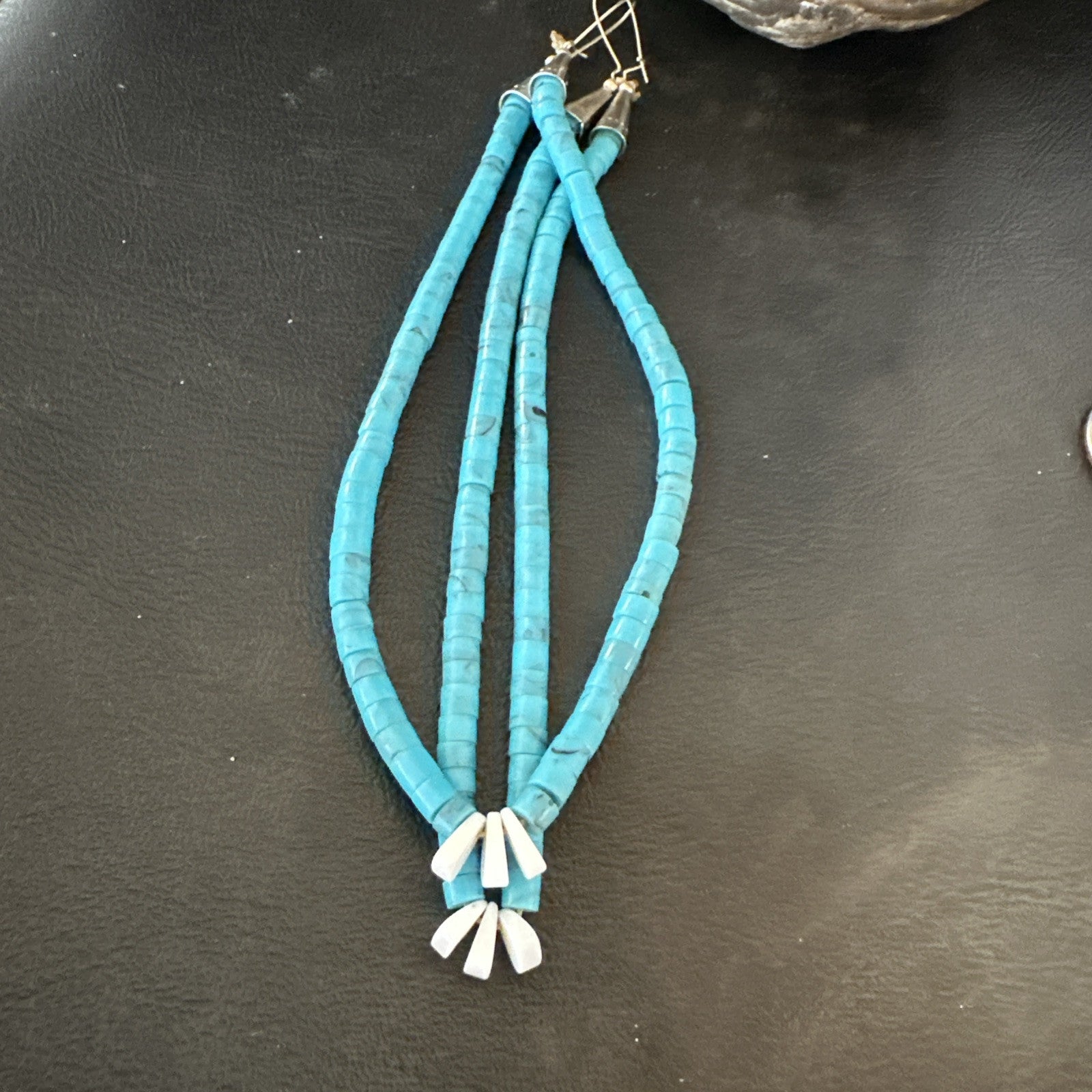 Blue Turquoise White Santo Domingo Sterling Silver Dangle Earrings 4” 19314