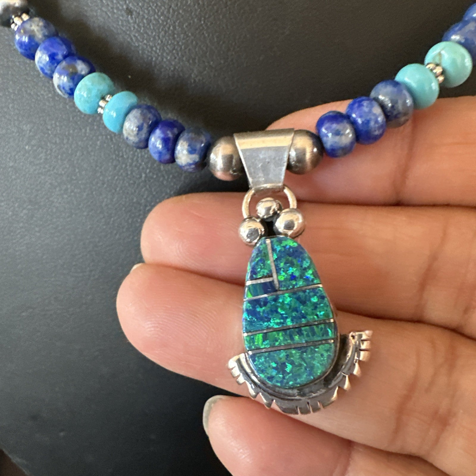 WoMens Opal Inlay Pendant Navajo Sterling Silver Blue Lapis Bead Necklace 18918