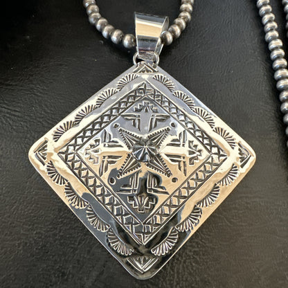 H Joe Handmade Stamped Pendant Navajo Sterling Silver Necklace 3.5" 18981