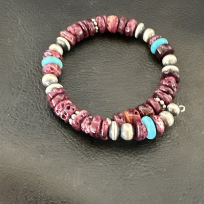 Purple Spiny Turquoise 8mm Wire Bead Wrap Bracelet Navajo Sterling Silver 18902