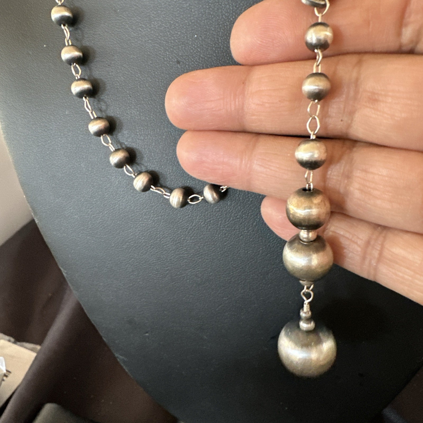 Y Rosary Bead Lariat Navajo Sterling Silver Beads Necklace 6mm 22" 18932