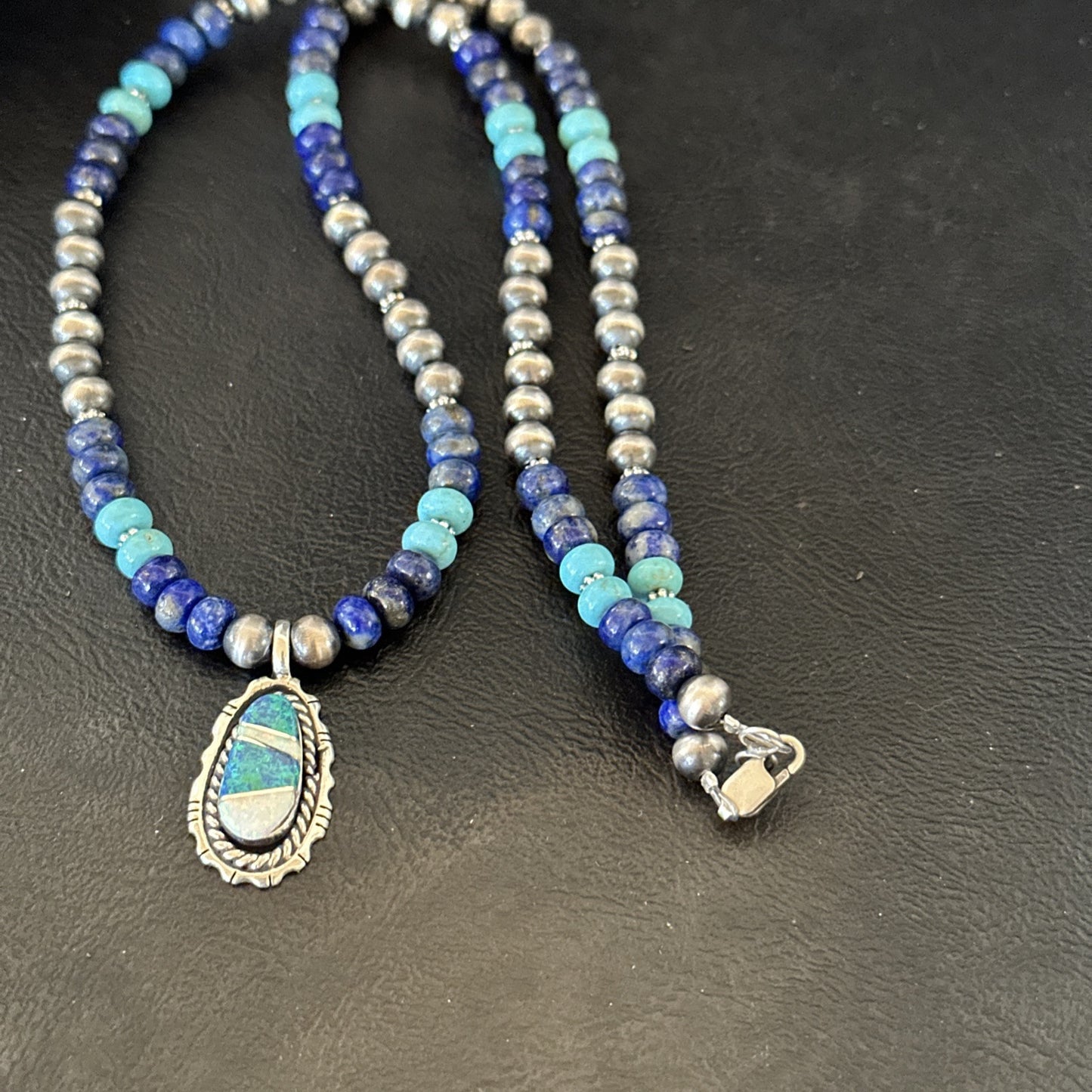 WoMens Opal Inlay Pendant Navajo Sterling Silver Blue Lapis Bead Necklace 18915