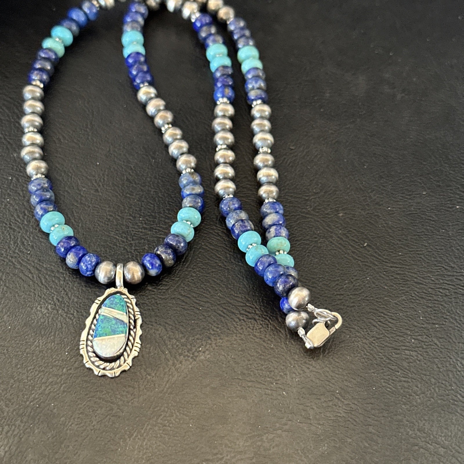 WoMens Opal Inlay Pendant Navajo Sterling Silver Blue Lapis Bead Necklace 18915