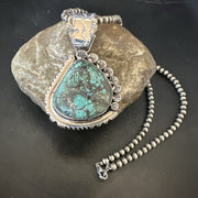 Navajo Green Rustic Turquoise Necklace Pendant 2.75" | Sterling Silver | Authentic Native American Handmade | 19011